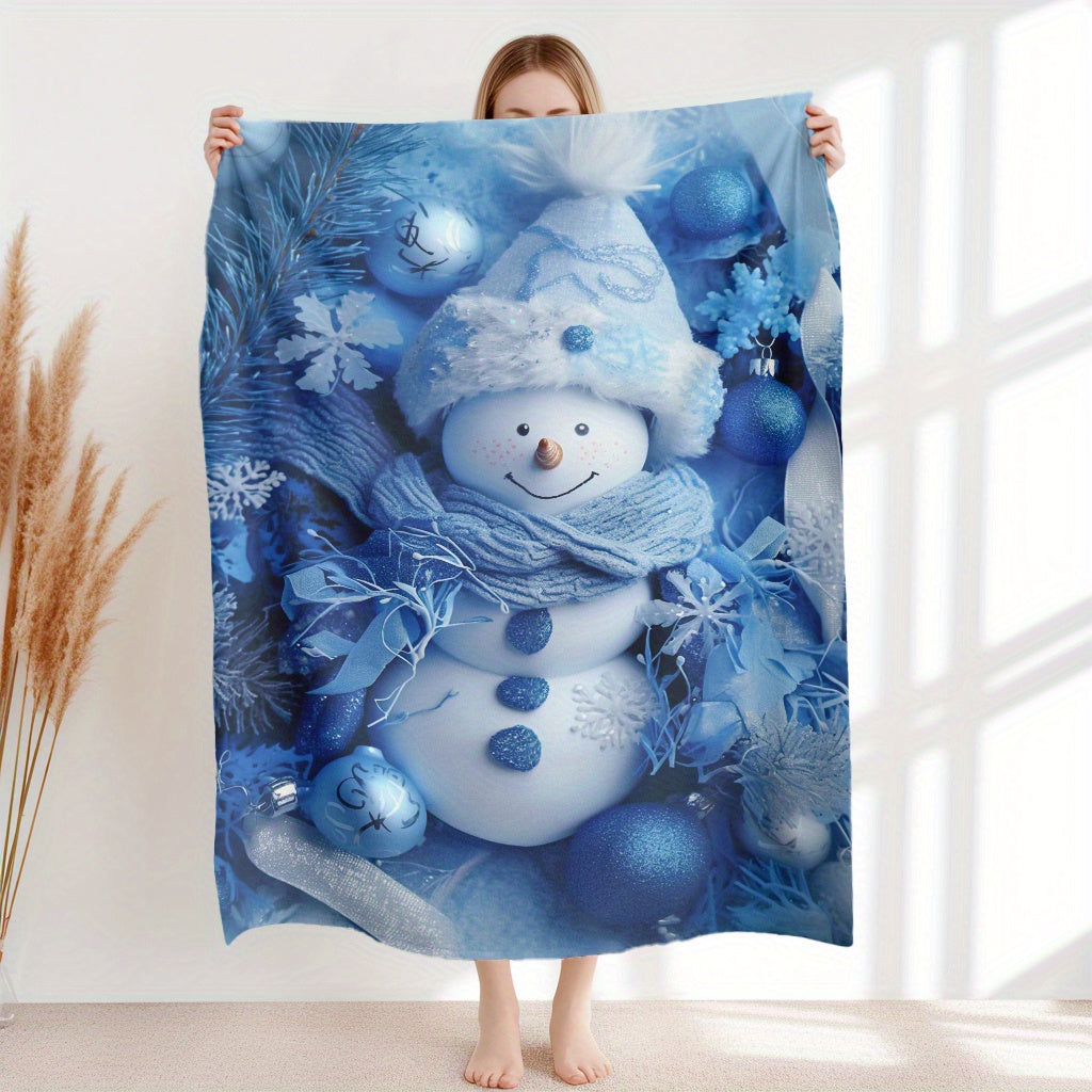 Warm Flannel Fleece Blanket with Snowman Blue Print for Cozy Use All Seasons