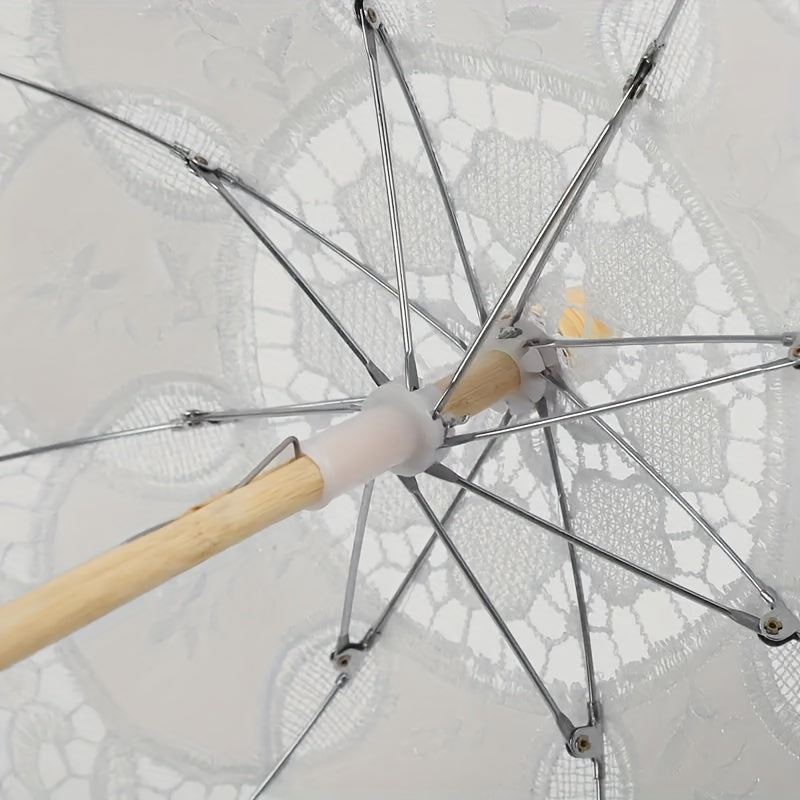 Embroidered Cotton Lace Bridal Umbrella with Wooden Handle for Weddings and Photography