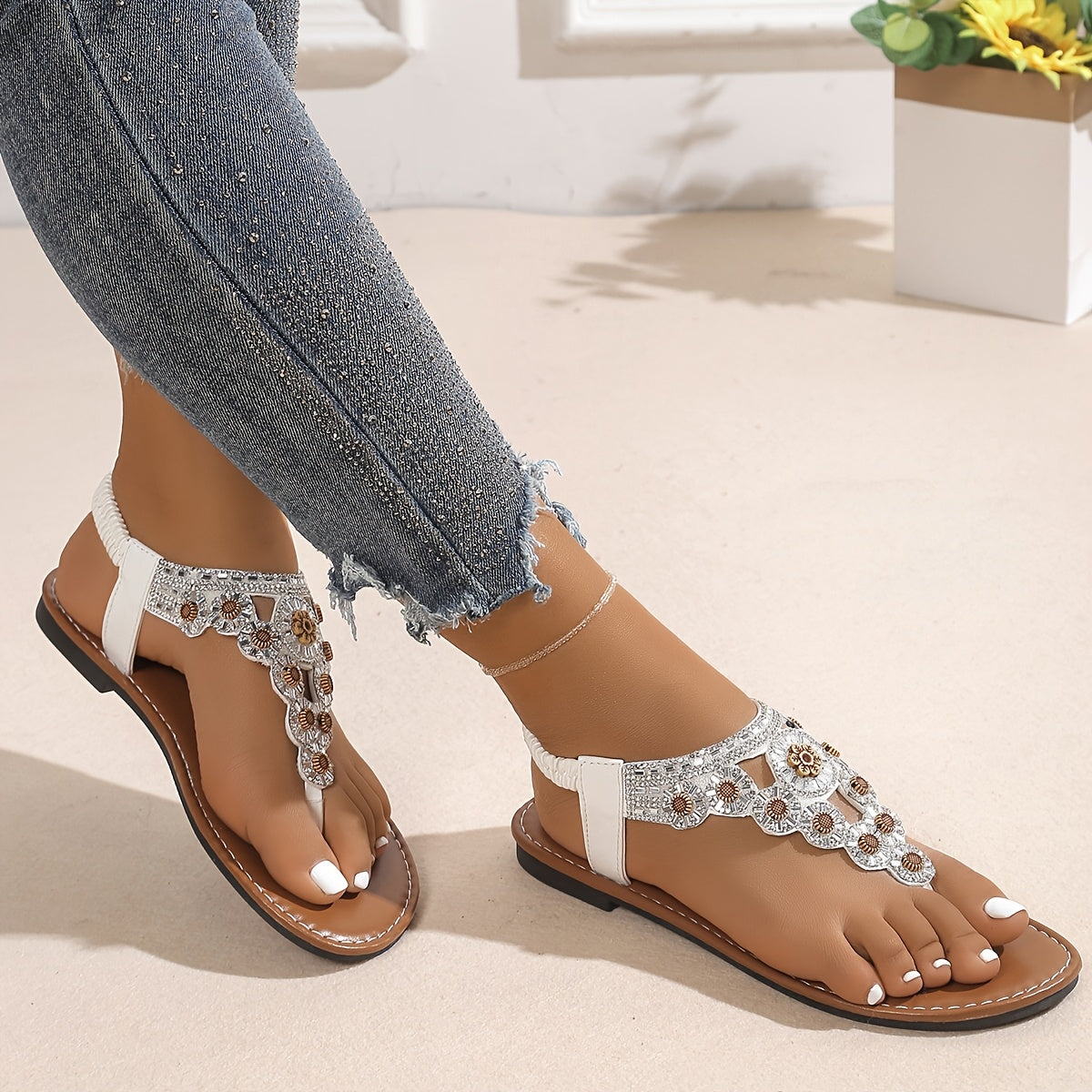 Women's Bohemian Tribal Slip-On Sandals Open-Toe Ankle Strap Synthetic
