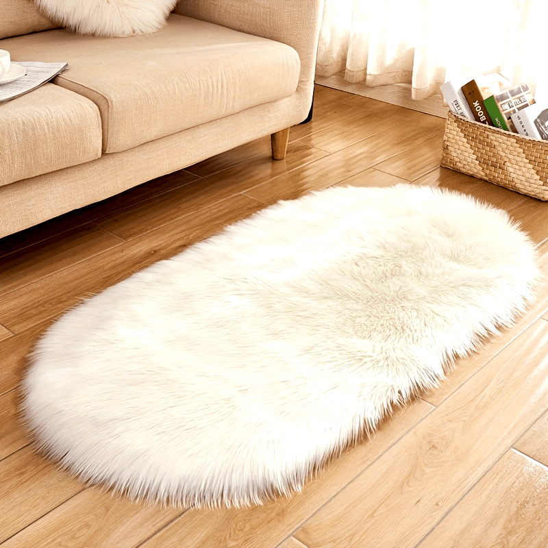 Long Plush Washable Oval Faux Sheepskin Rug for Bedroom Bedside Indoor Use