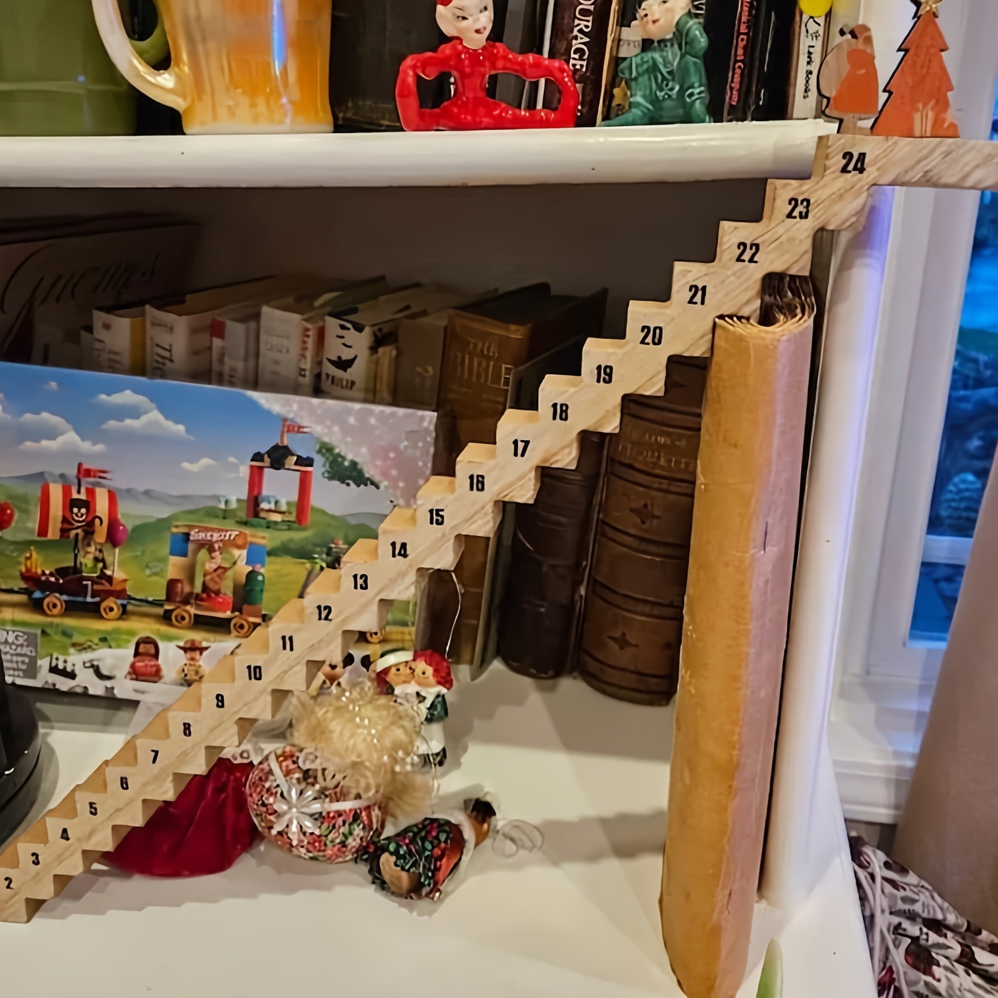 Wooden Christmas Advent Calendar with Santa, Stairs, Numbered Slots and Figurines