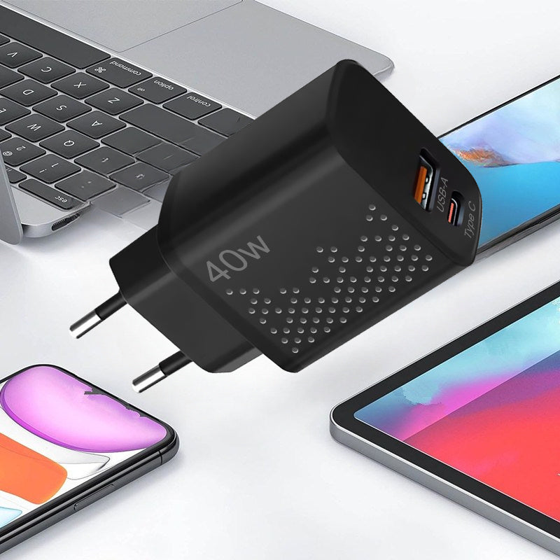 40W Dual Port USB-C Wall Charger with PD QC Fast Charging European Plug