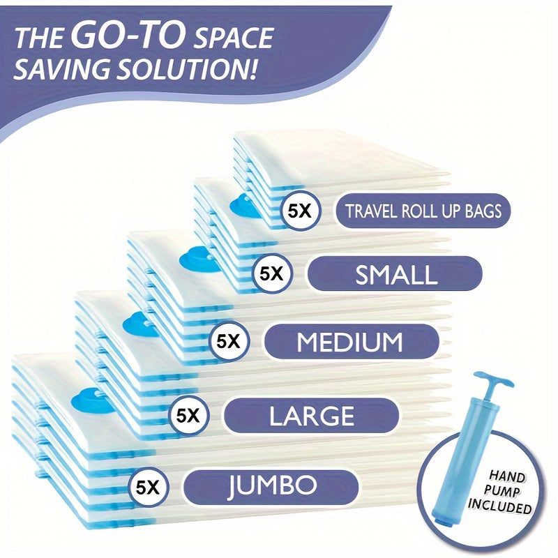25 ta vakuum siqish saqlash sumkasi to'plami, kiyimlar, ko'rpa, ko'ylaklar uchun havo o'tkazmaydigan saqlashni ta'minlaydi. Yotoqxonalarda, shkaflarda, kiyimlar uchun joylarda, yotoqxonalarda va sayohat uchun ideal. Joyni tejash uchun ajoyib tashkilotchi.
