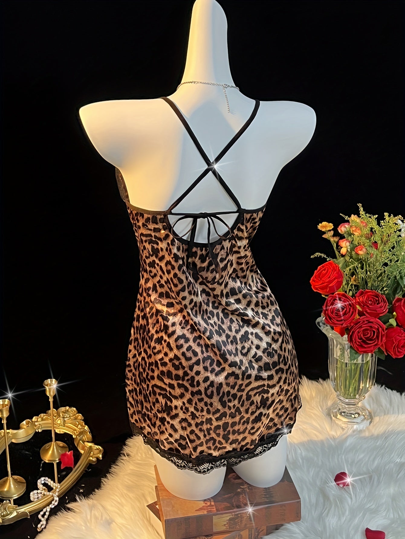 Women's Woven Leopard Print Slip Dress with Cross Strap Lace-Up Detail