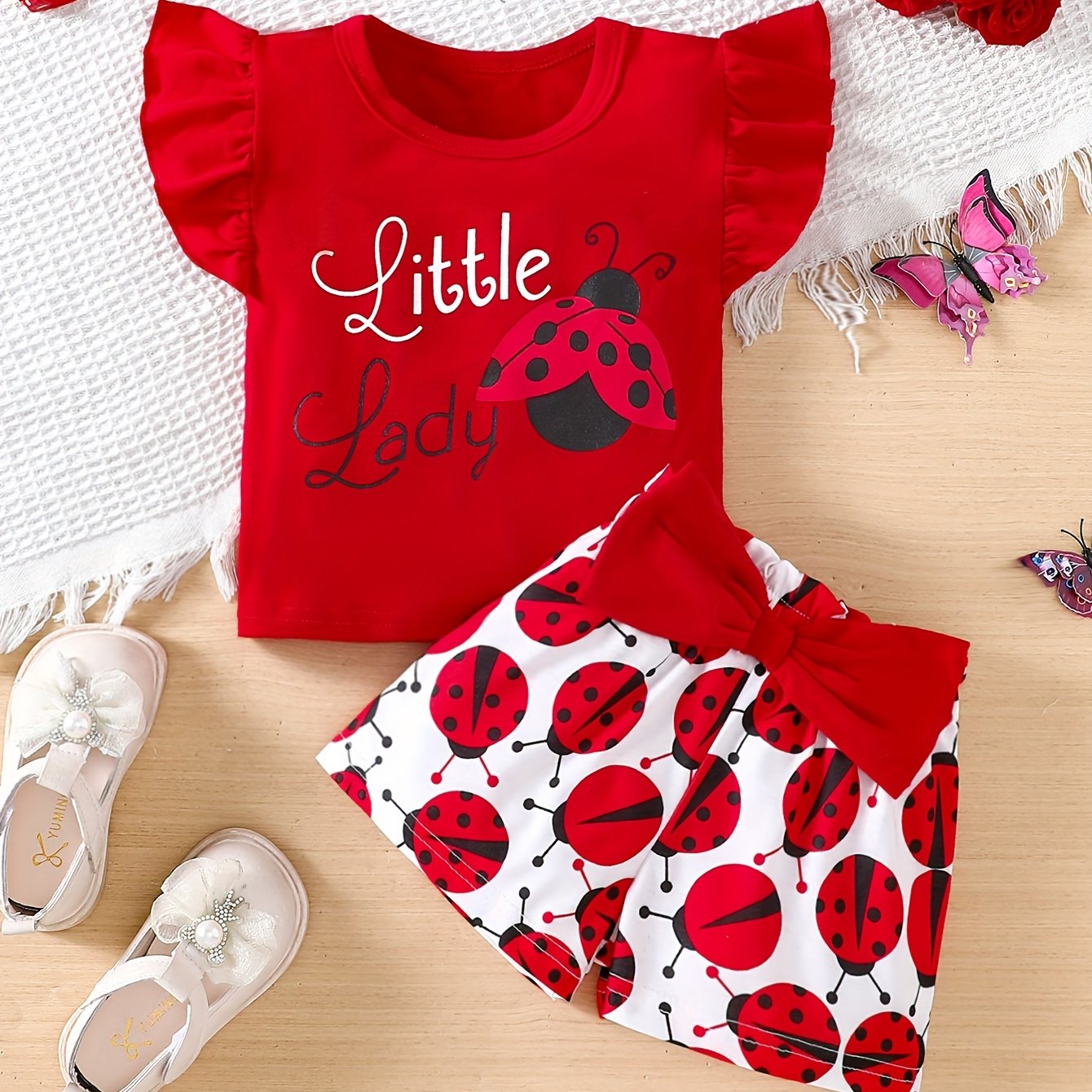 Baby Girl Summer Outfit Ruffle Sleeve Graphic T-Shirt and Ladybug Shorts Set