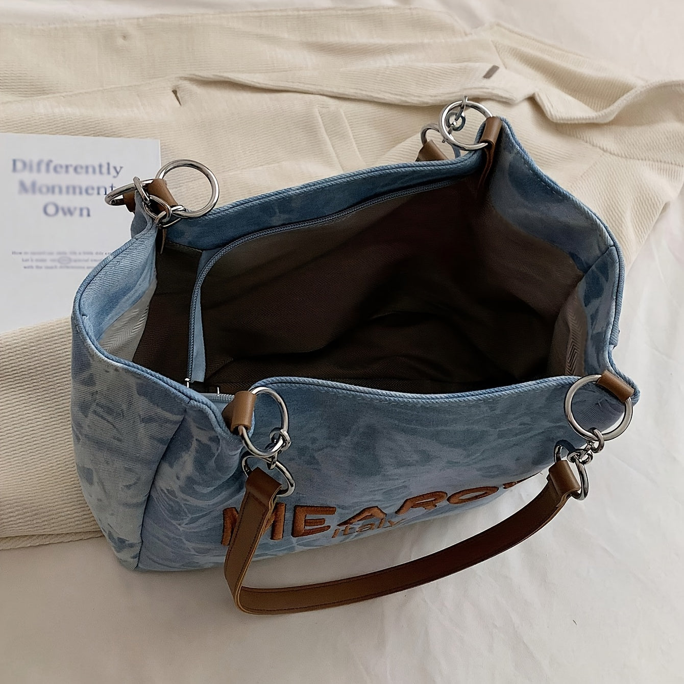 Denim Tote Bag Large Capacity Canvas Zipper Black Sky Blue