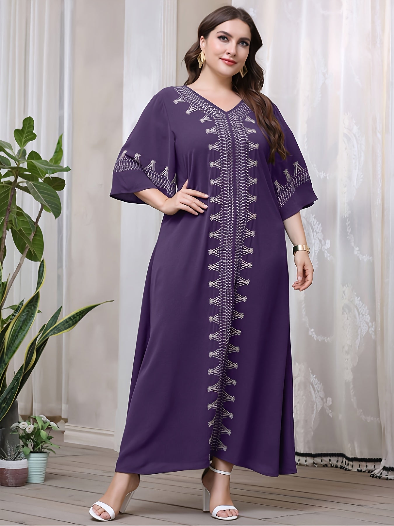 Plus Size Women's V-Neck Long Sleeve Casual Tribal Dress All-Season