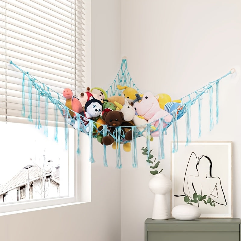 Large Blue Plush Mesh Toy Storage Hammock for Animal-Themed Corners and Wall Decorations
