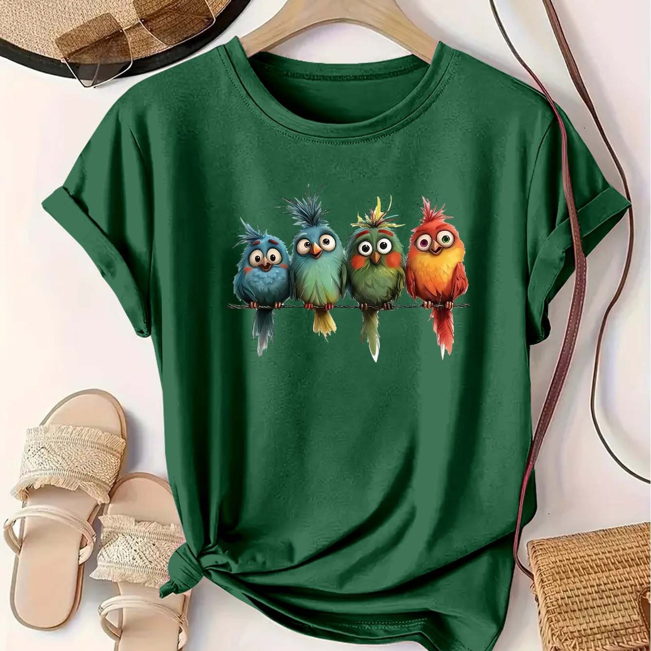 Plus Size Women's Casual Short Sleeve T-Shirt Vibrant Red Cartoon Birds Print