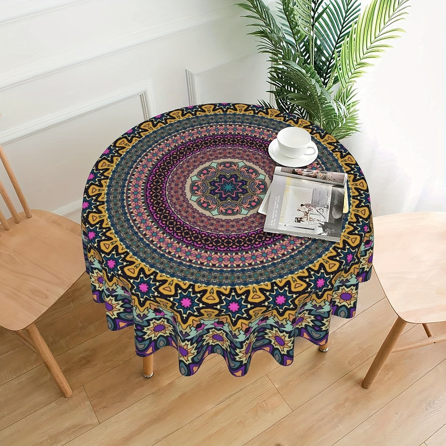 Mantel redondo impermeable de poliéster bohemio con mandala para cocina, comedor y uso exterior
