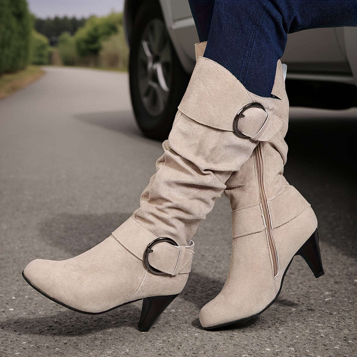 Women Beige Faux Cover Ankle Boots with Buckle Zipper 7cm Chunky Heel