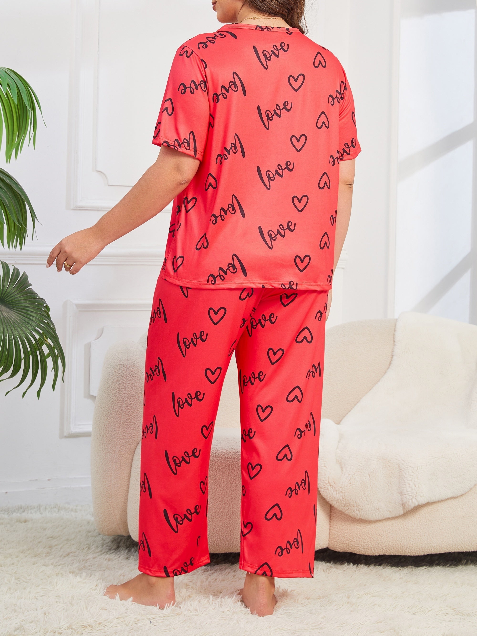 Women's Plus Size Letter Print Short Sleeve Pajama Set All Seasons