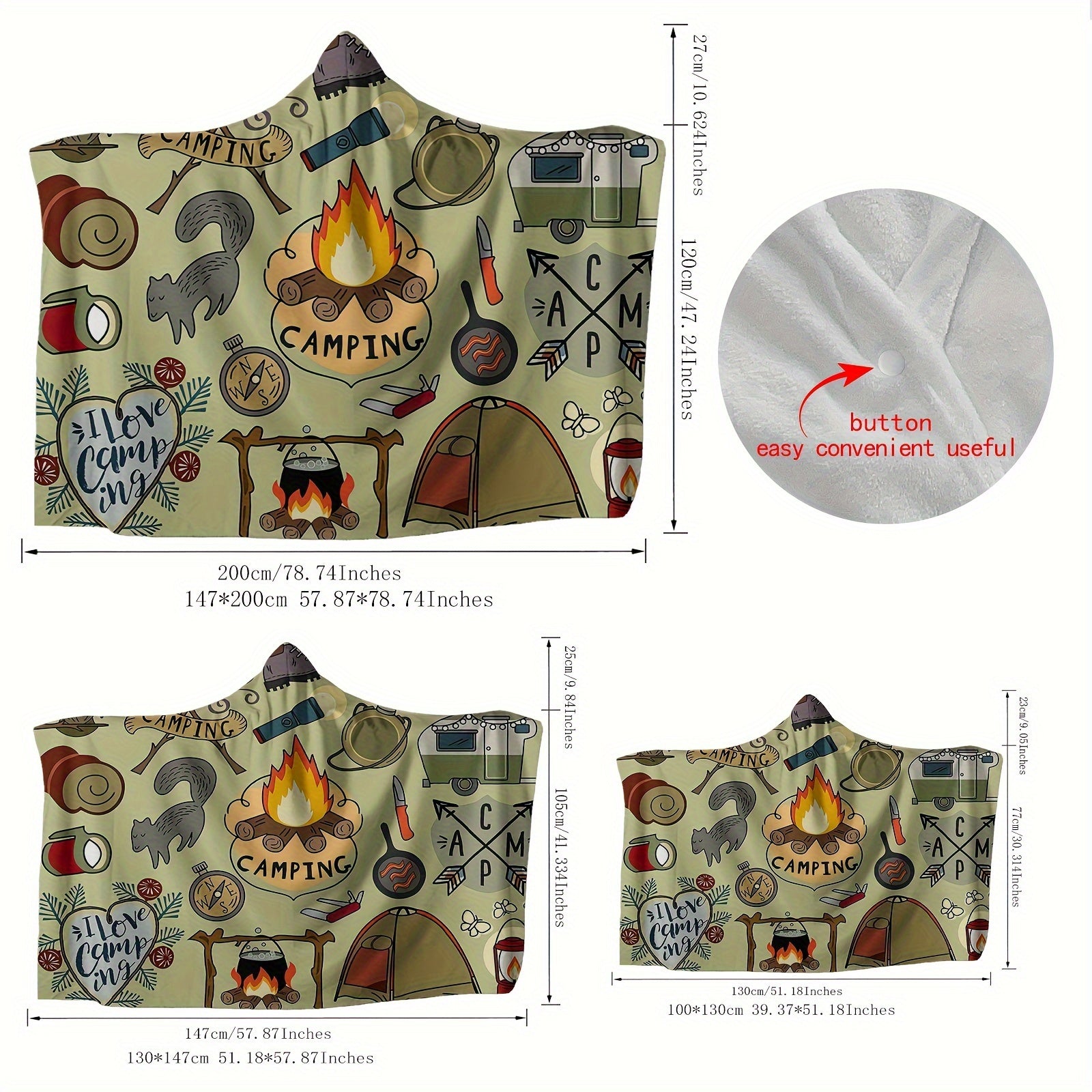 Hooded Blanket for Adults Soft Thick Cozy Camping Travel Lounge Firepit