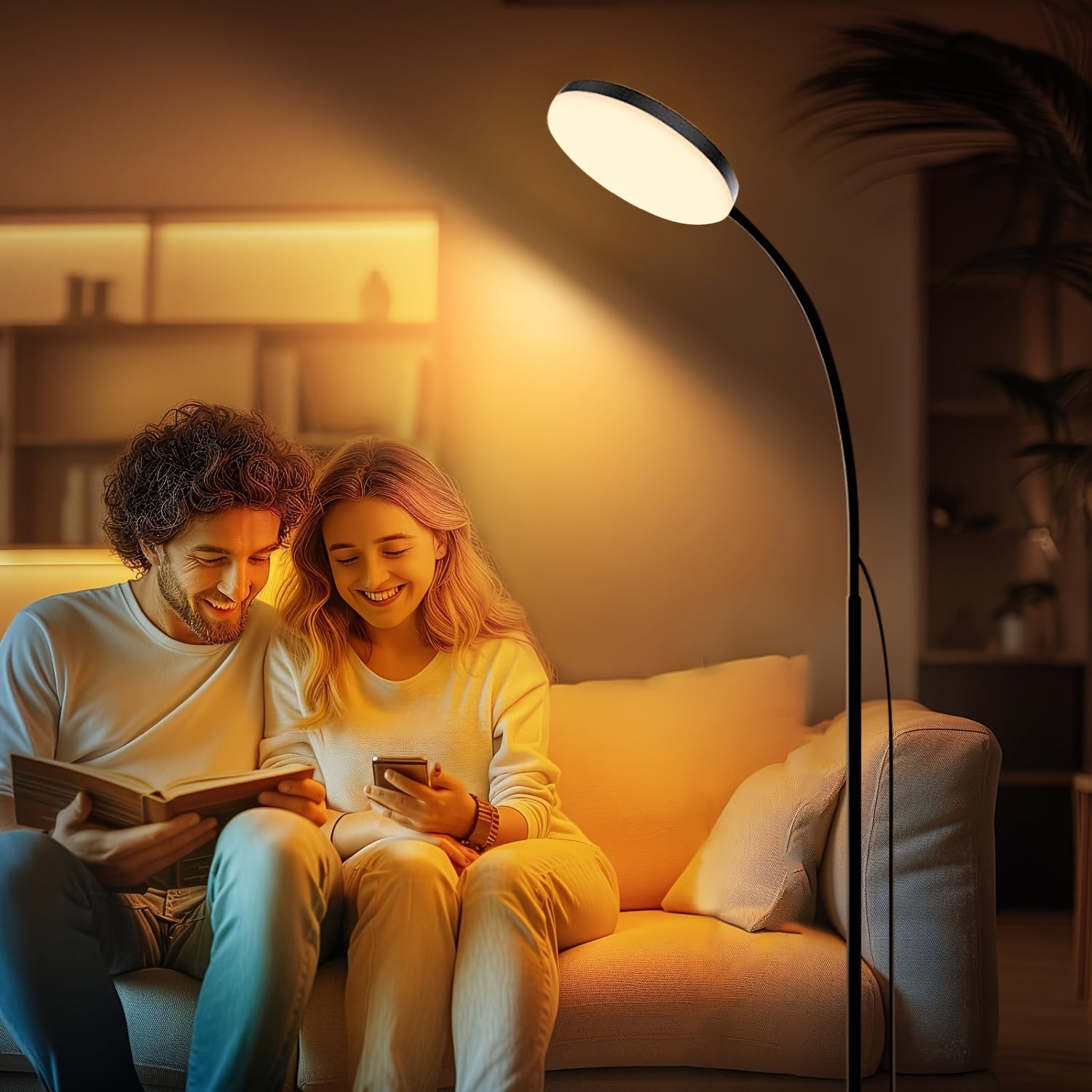 Zamonaviy sozlanadigan LED yerdan lampasi, dumaloq soyali, 3 rangli harorat, USB quvvatlanishi, metall va plastik material, kalit nazorati, bir nechta komponentlar, batareya kiritilmagan.