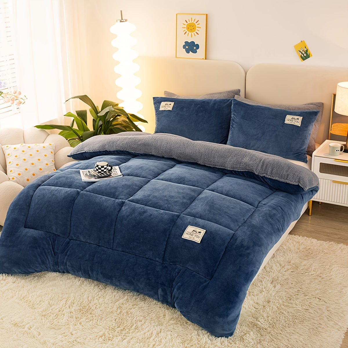 All-Season Velvet Sherpa Comforter Insert Breathable Quilted Cozy Bedding