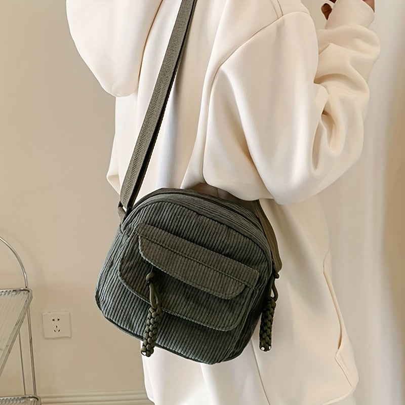 Unisex Corduroy Crossbody Bag with Striped Pattern Zipper Closure Black White Green Light Brown