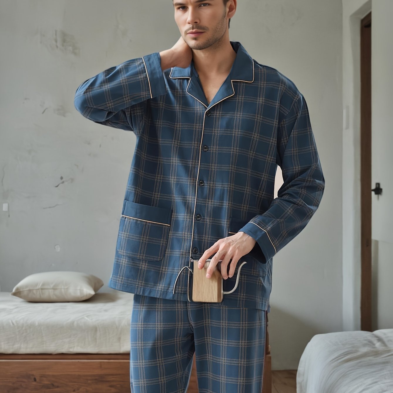 Conjunto de pijama de cuadros para hombre en primavera y otoño, con cárdigan de manga larga, ajuste holgado y estilo casual