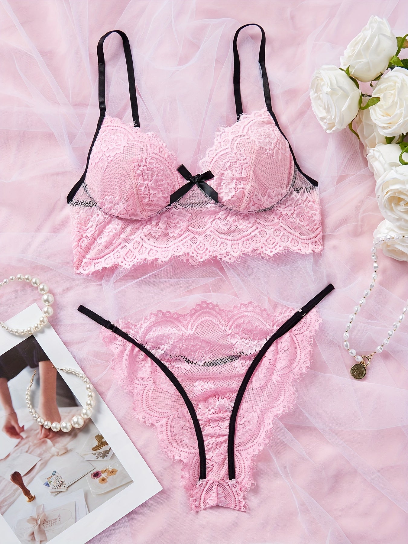 Women's Floral Lace Lingerie Set with Color Block Design and Bow Decor Bra and V-String Panty