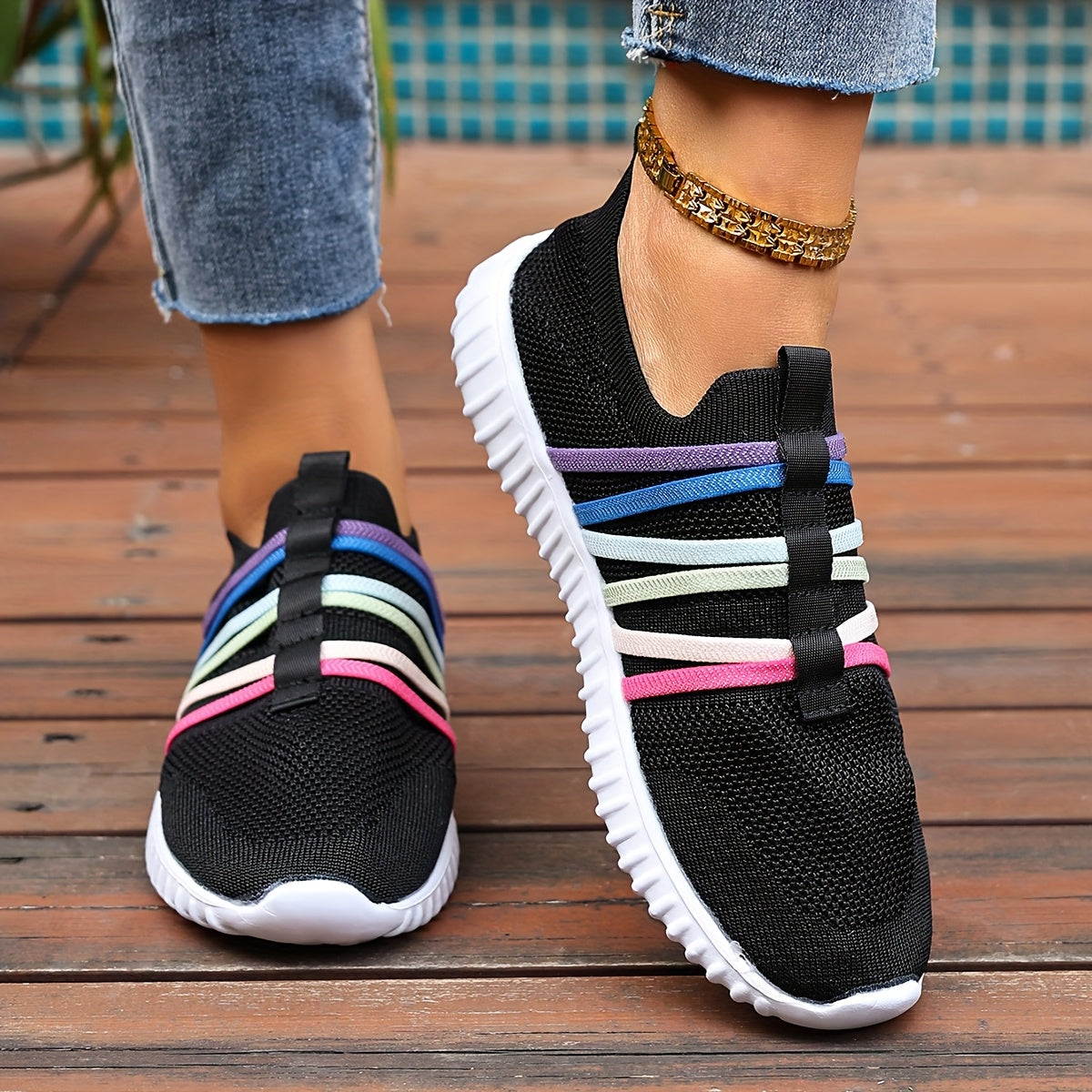 Women's Slip-On Casual Sneakers Breathable Fabric Pastel Stripes