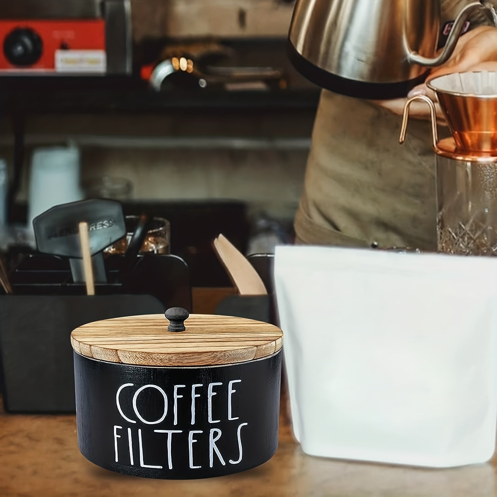 Wooden Coffee Filter Holder with Lid Farmhouse Style Kitchen Storage Container