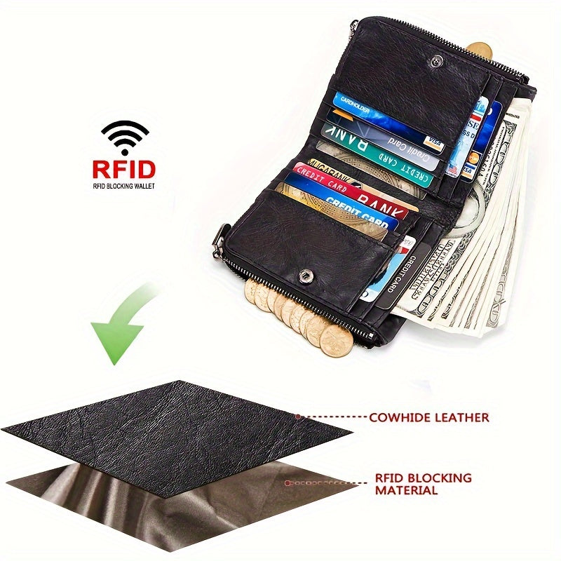 Кошелек из натуральной кожи с большим объемом, двусторонний, с застежкой-молнией и кнопкой для повседневного стиля