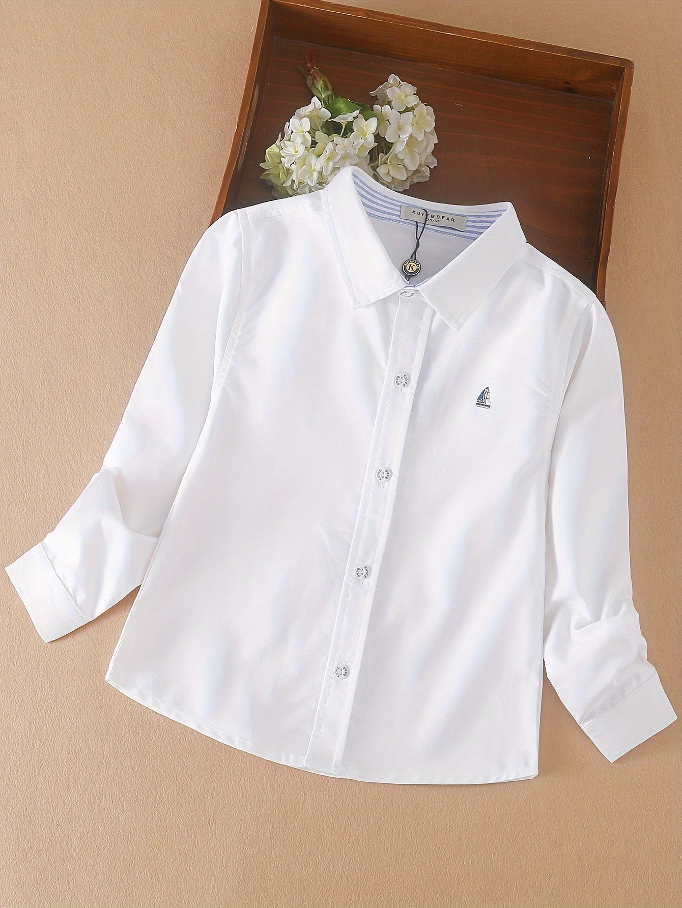Camisa de manga larga para niños en mezcla de algodón blanco para niños, estilo preppy para primavera y otoño