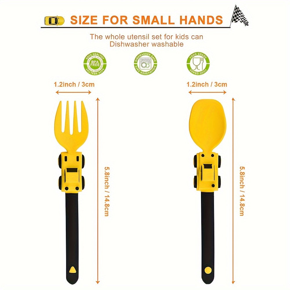 Kids' Cartoon Truck Fork and Spoon Set Non-Toxic Easy-Hold Feeding Utensils in Various Colors