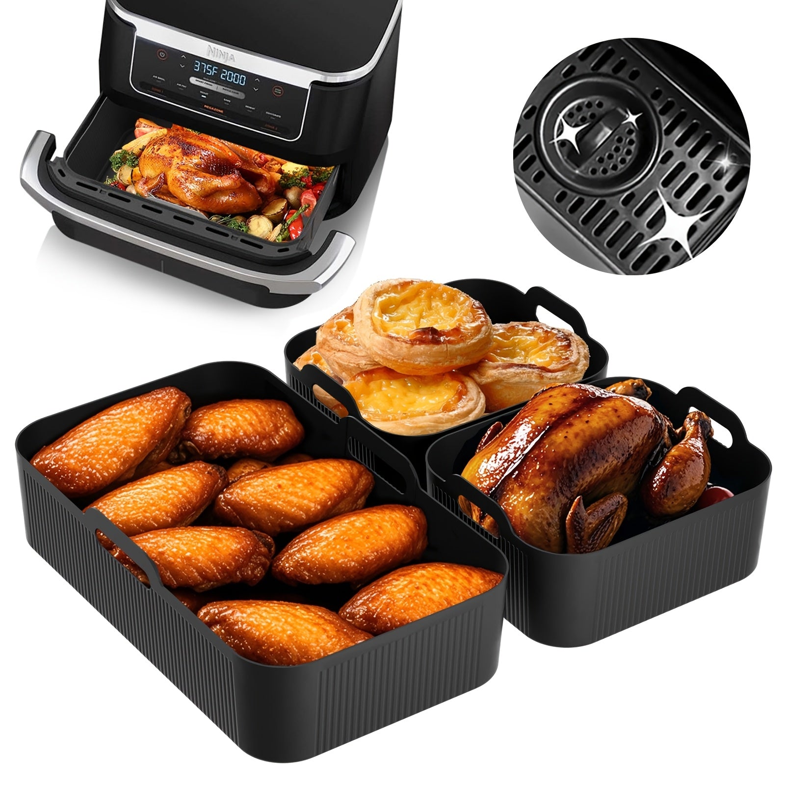 3 ta issiqlikka chidamli qayta ishlatiladigan silikon qoplamalar to'plami, havo fritözlari, pechlar va bug'li idishlar uchun