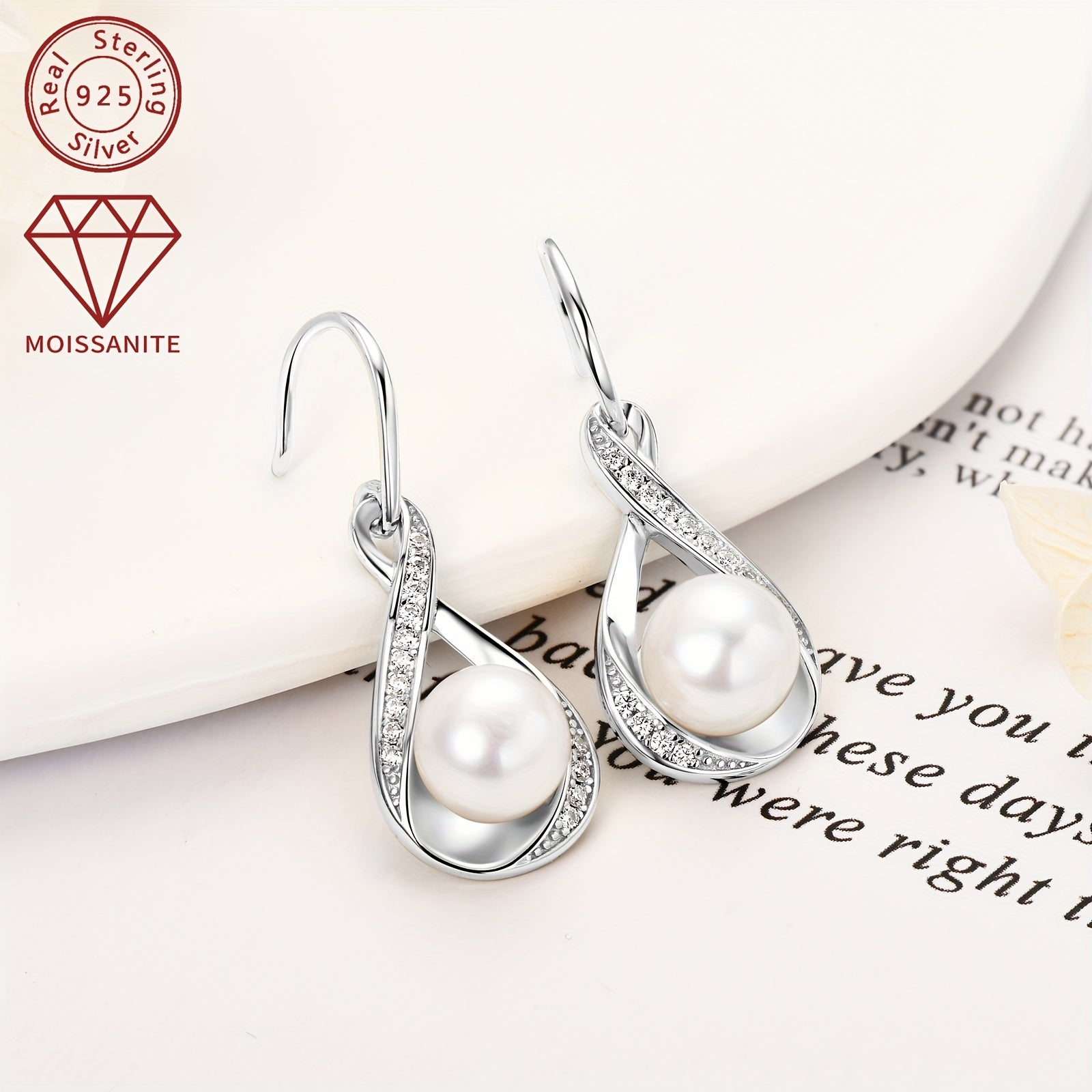 Pearl Earrings with Moissanite Stones 8mm Freshwater Beads in Silver