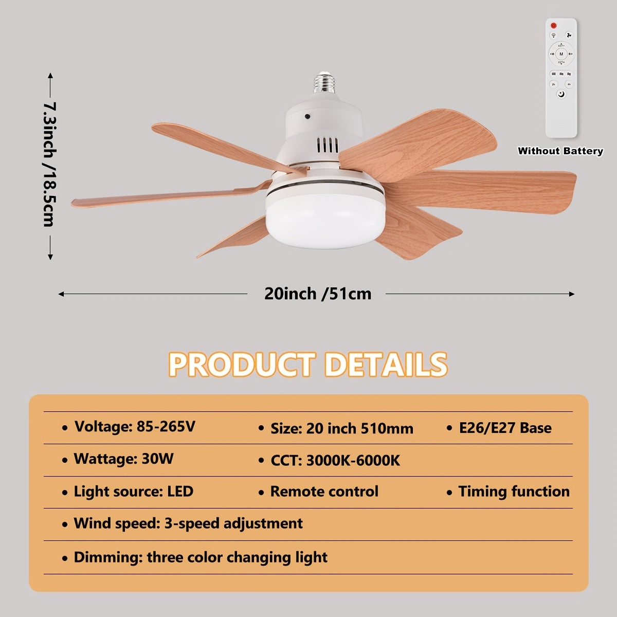 Yog'och teksturali changyutgich bilan integratsiyalashgan LED chiroq, masofadan boshqarish, 3 tezlikda sozlanadigan, oson vintsiz o'rnatish, sozlanadigan yoritish. Yotoqxona, oshxona, mehmonxona, balkon uchun ideal. Yo'q