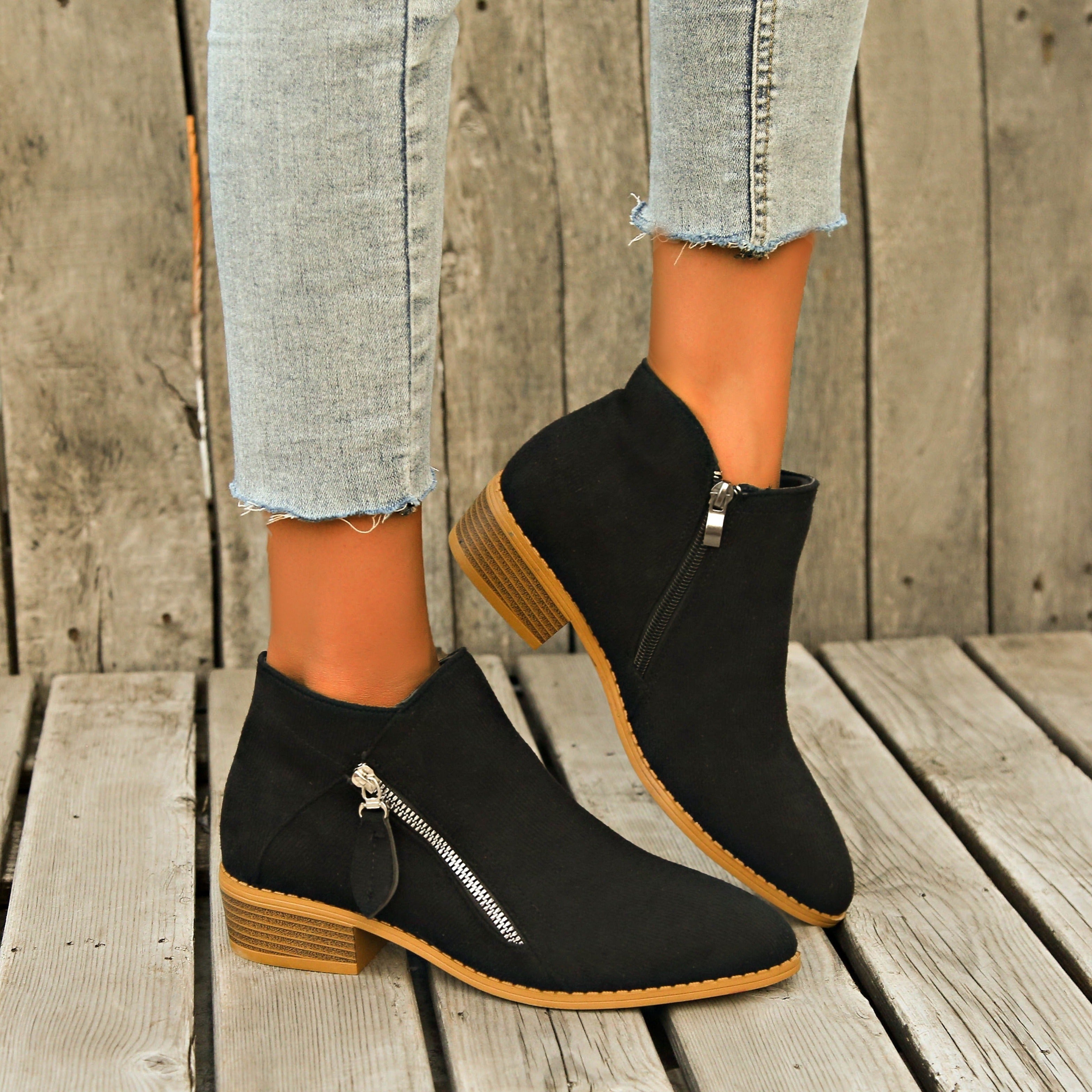 Women's Ankle Boots Retro Solid Color Casual Leather Footwear with Chunky Heel