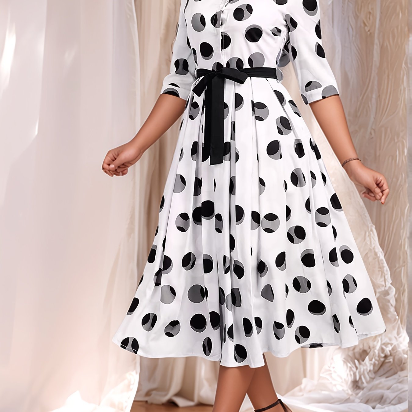 Vintage-Inspired Polka Dot Midi Shirt Dress with Belt and Collared Design