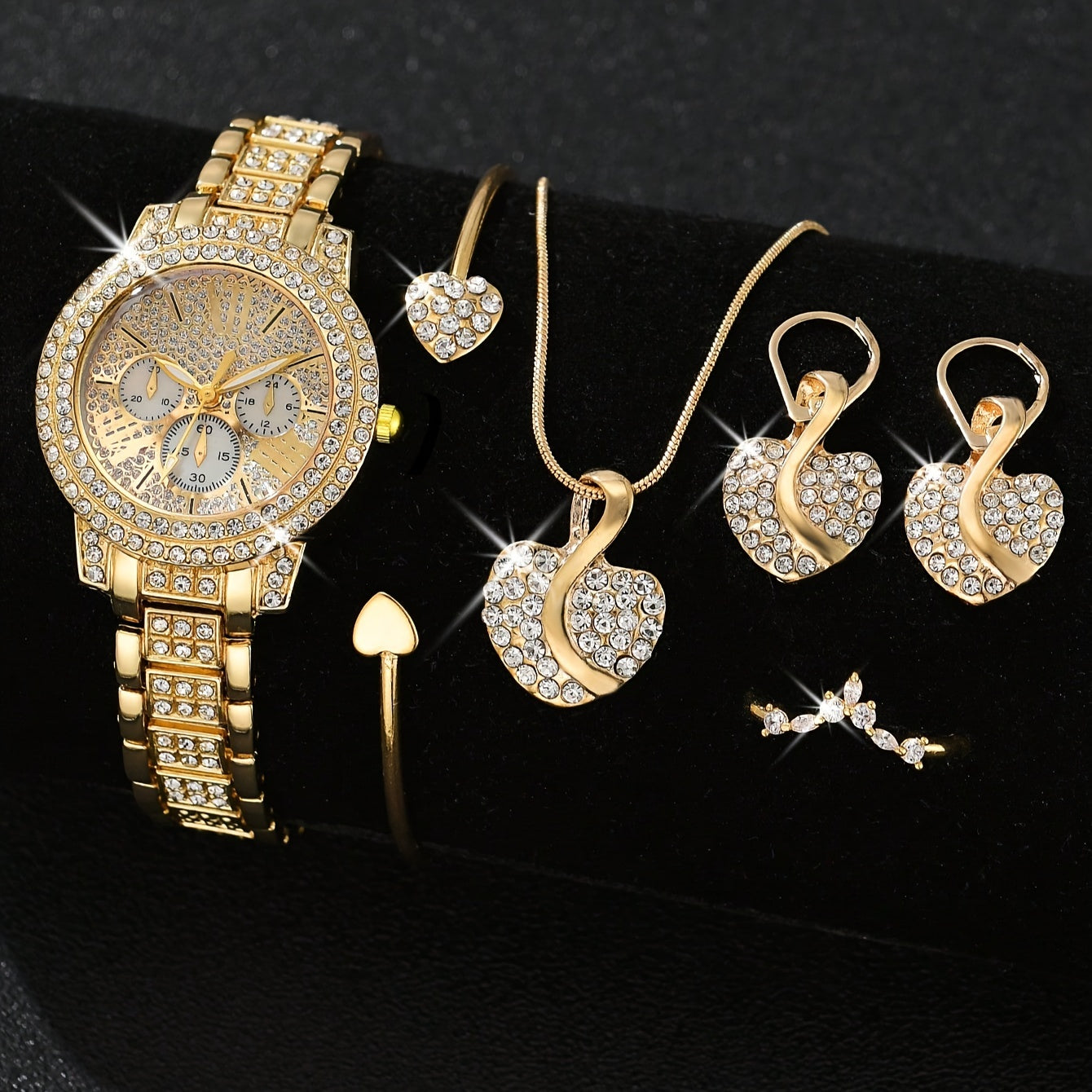 Women's Gold Watch Set with Round Dial and Matching Accessories