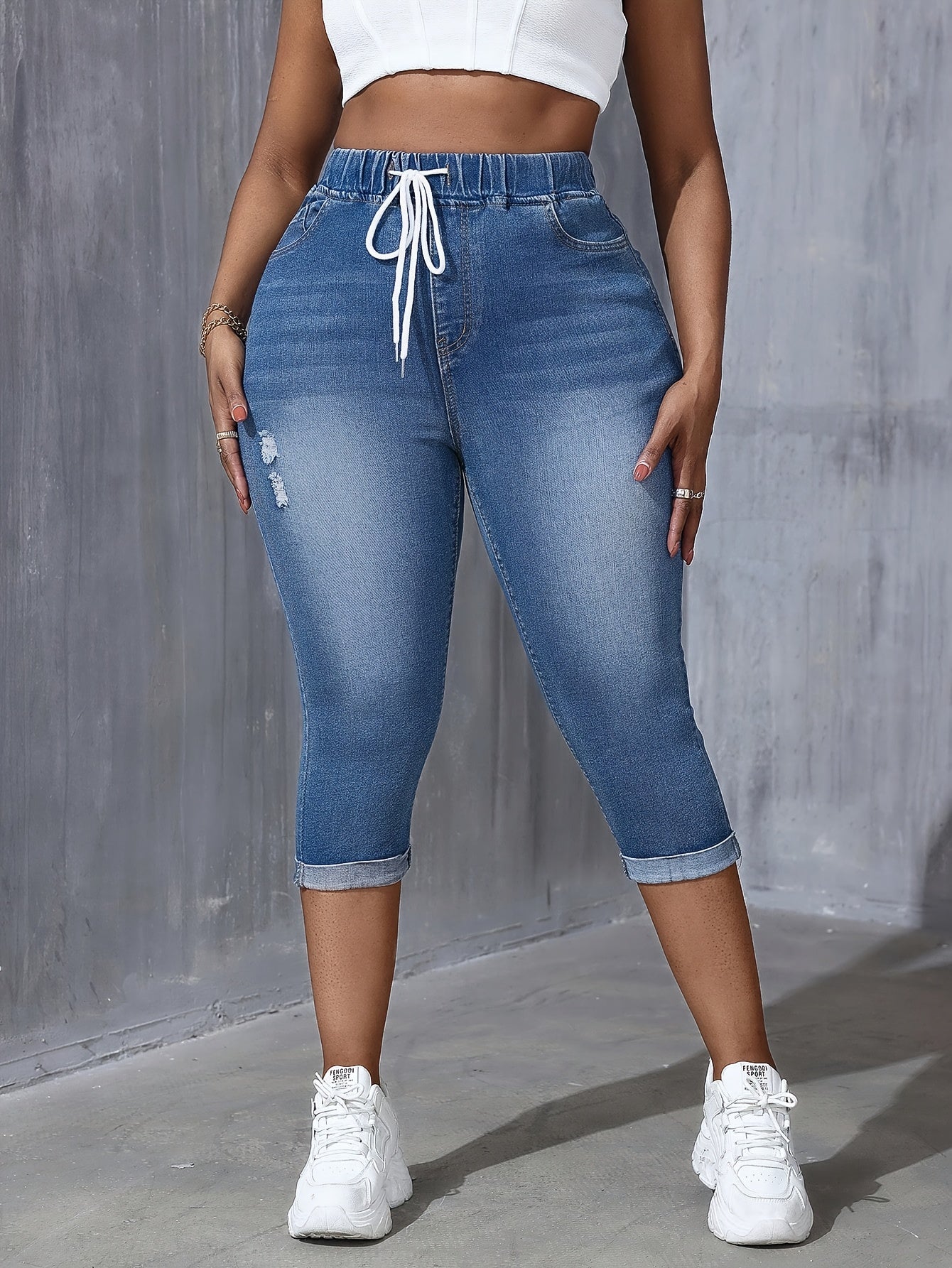 Women Plus Size Stretch Denim Capris with Drawstring Waist Light Blue
