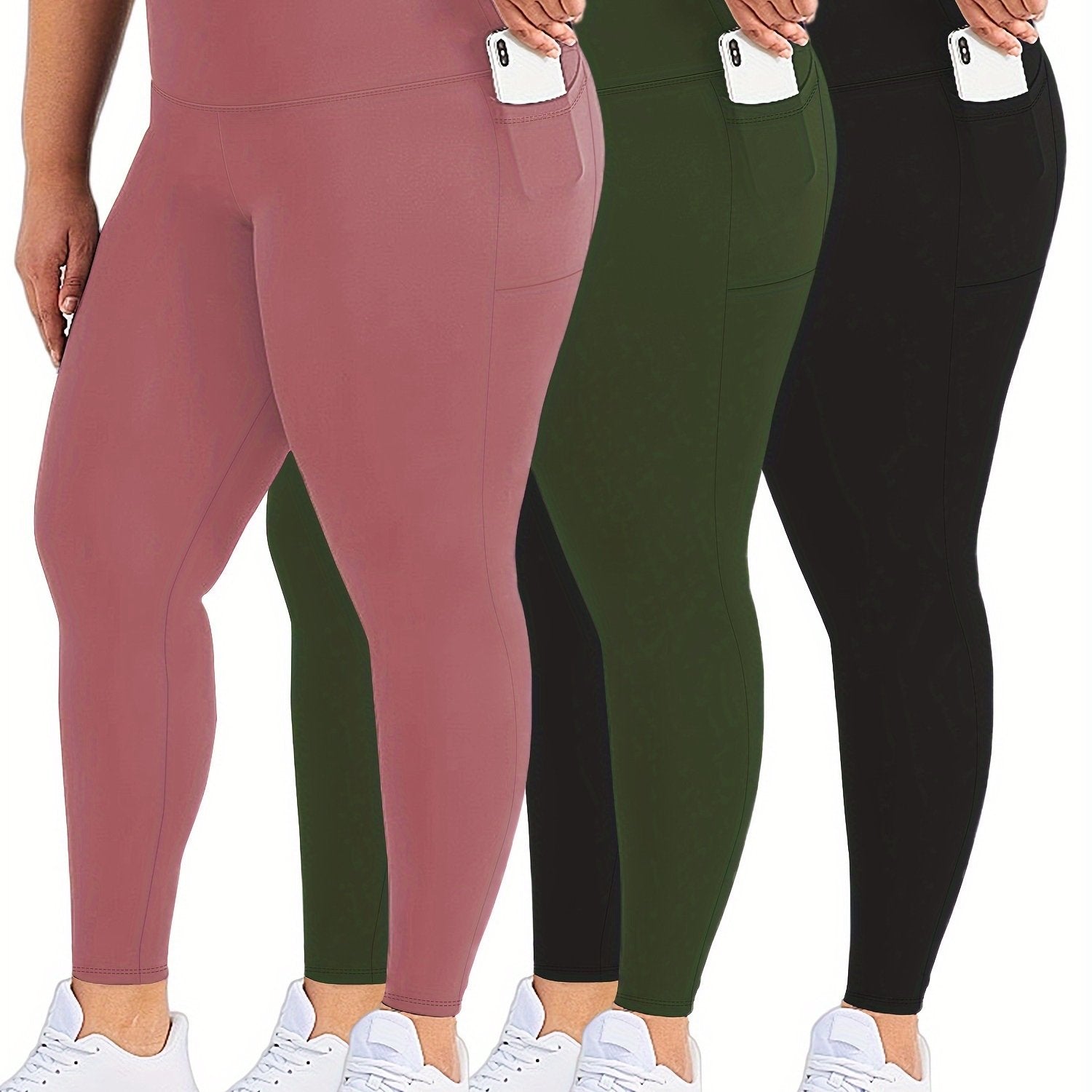 Plus Size Womens Black Pockets High Waisted Tummy Control Leggings Set