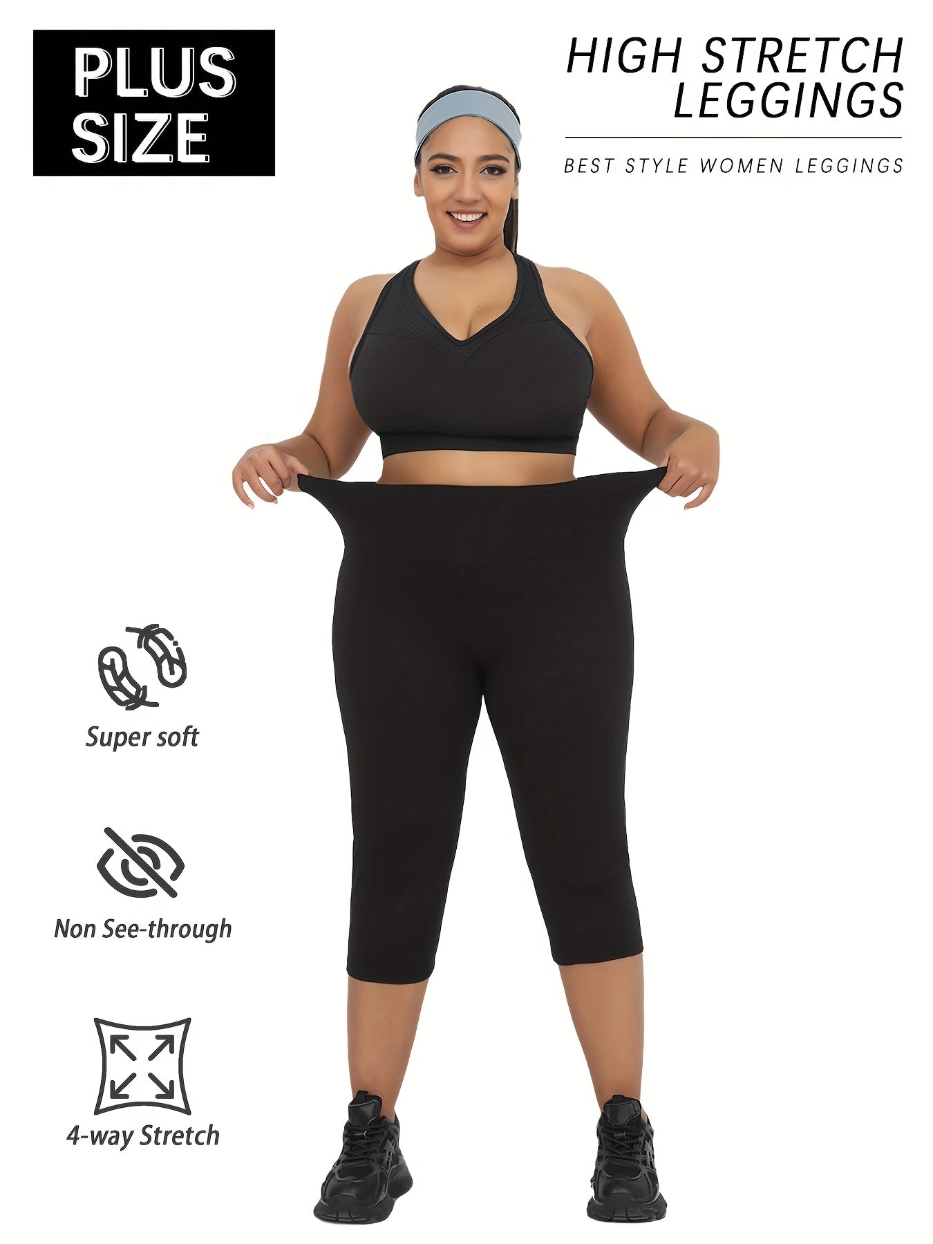 Plus Size Women's High Waisted Tummy Control Yoga Capris Black 3X Workout Leggings