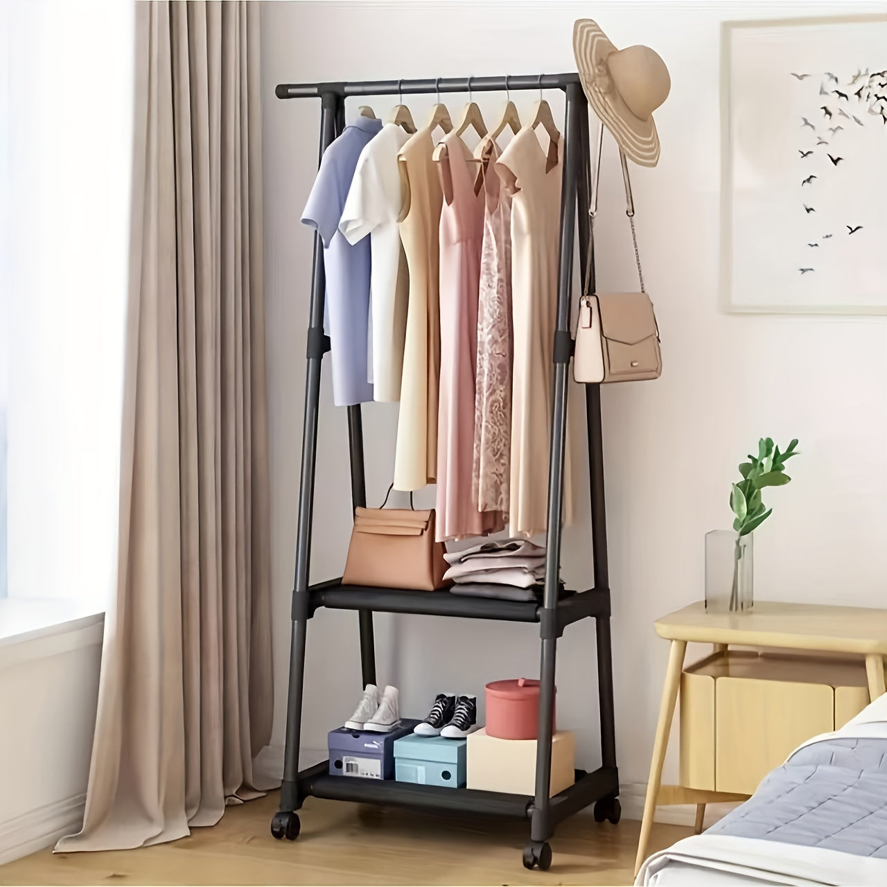 Multifunctional Rolling Clothes Hanger with Shelf for Bedroom Organization