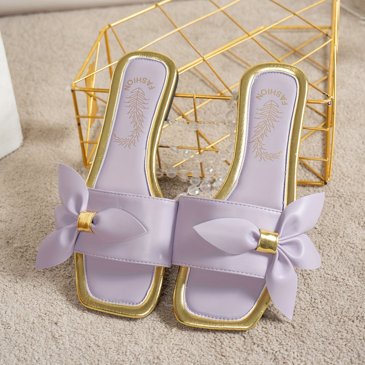 Women's Leather Square Toe Flat Sandals Bow Embellished Casual Vacation