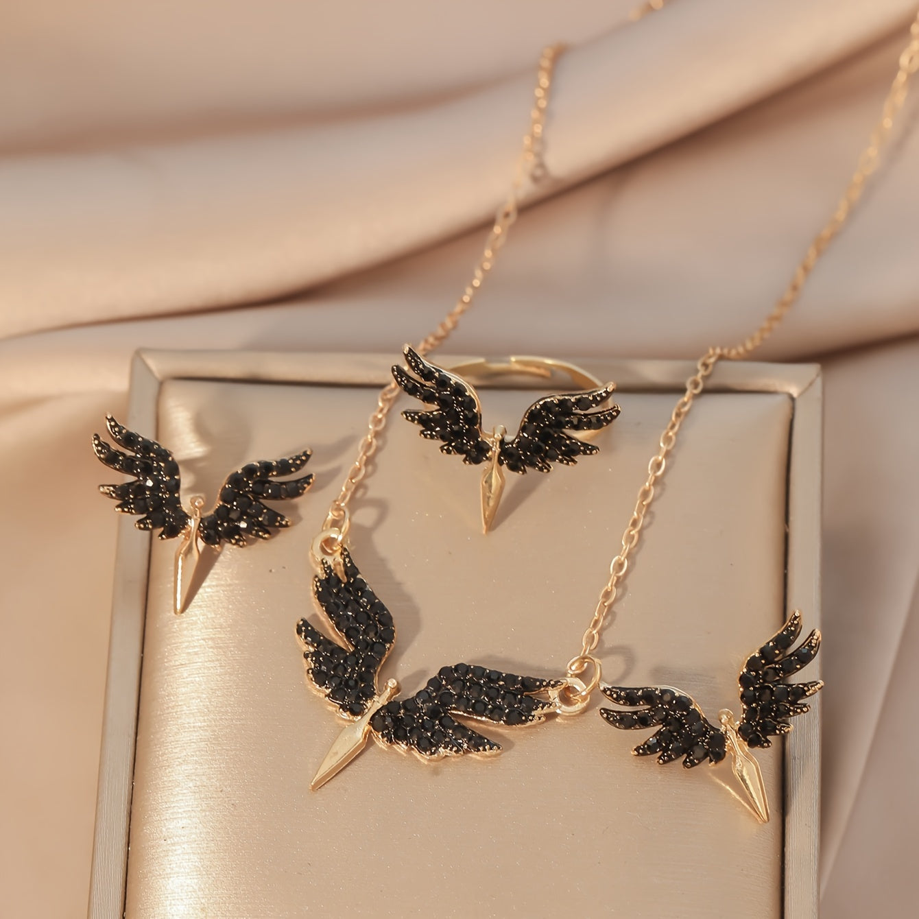 Women's Angel Wing Jewelry Set Gold Tone Black Accents Necklace Earrings Ring Gift for Women