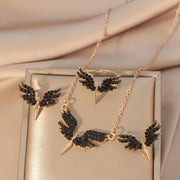 Women's Angel Wing Jewelry Set Gold Tone Black Accents Necklace Earrings Ring Gift for Women