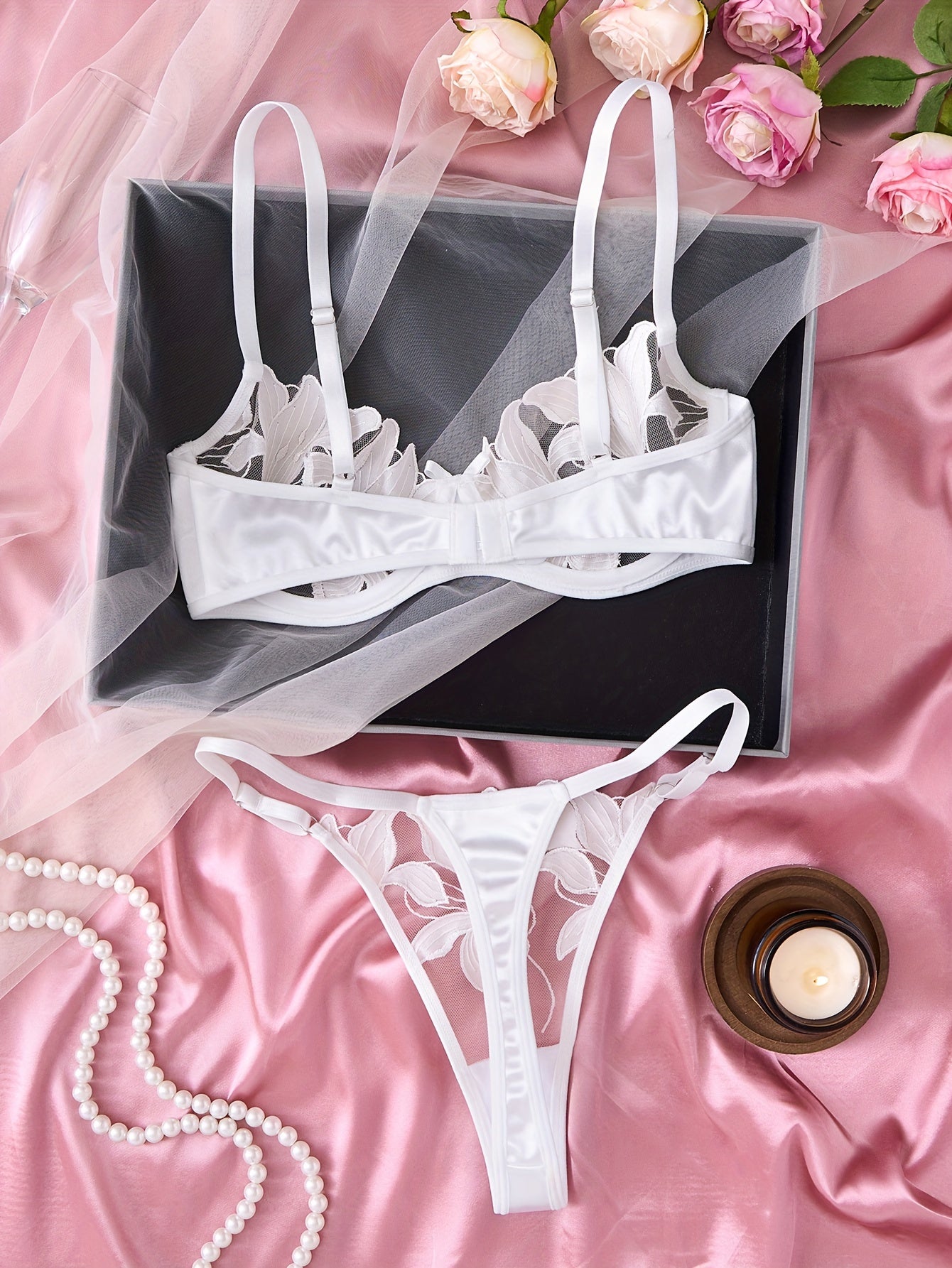 Floral Embroidered Lingerie Set for Women Semi-Sheer Cami Bra and Panties