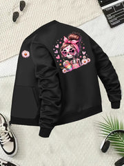 Plus Size Women's Black Baseball Collar Jacket with Skull Print Long Sleeve Zip Up