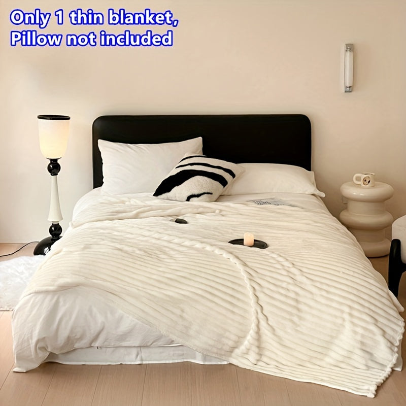 White Flannel Knitted Throw Blanket for Sofa Bed Travel Soft Cozy All-Season Lightweight Polyester 200gsm