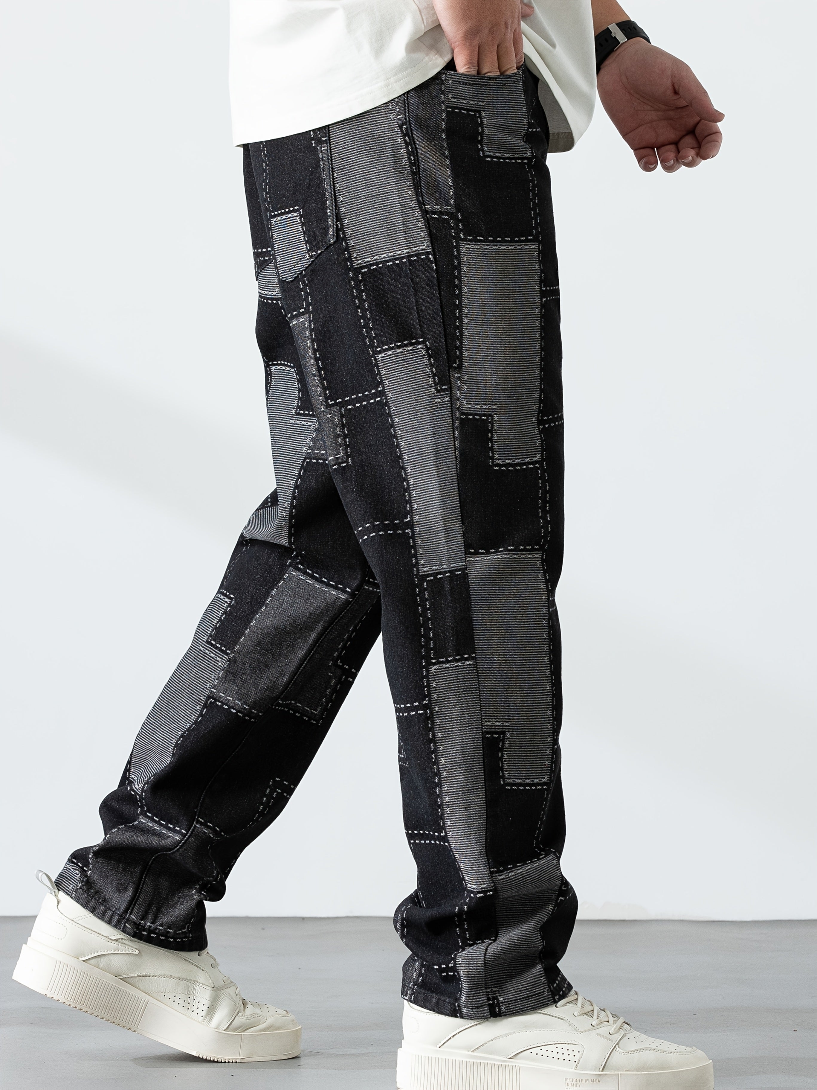 Мужские повседневные джинсы с клетчатым узором, прямой крой, свободный фасон, для всех сезонов, увеличенный размер