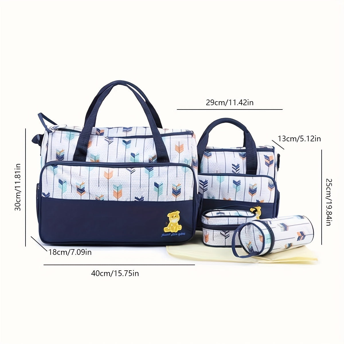 5-Piece Geometric Print Diaper Bag Set with Shoulder Strap for Parents