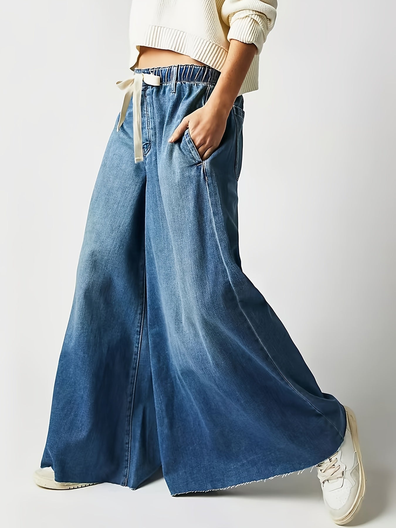 Women's High-Waisted Wide Leg Denim Jeans Casual Solid Cotton-Polyester All-Season