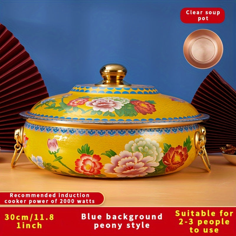 Electric Magnetic Stove Hot Pot 30cm Pure Copper Enamel Blue Red Flower Suitable for 2-3 People