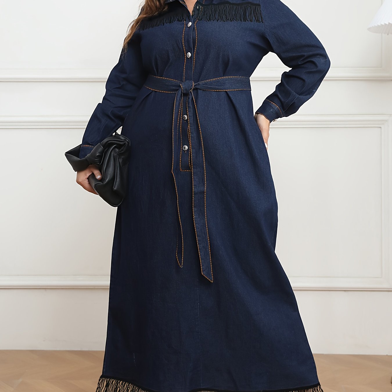 Vestido de mezclilla azul marino de talla grande para mujer, con manga larga, botones, cuello de camisa, dobladillo con flecos y cinturón, casual para otoño e invierno