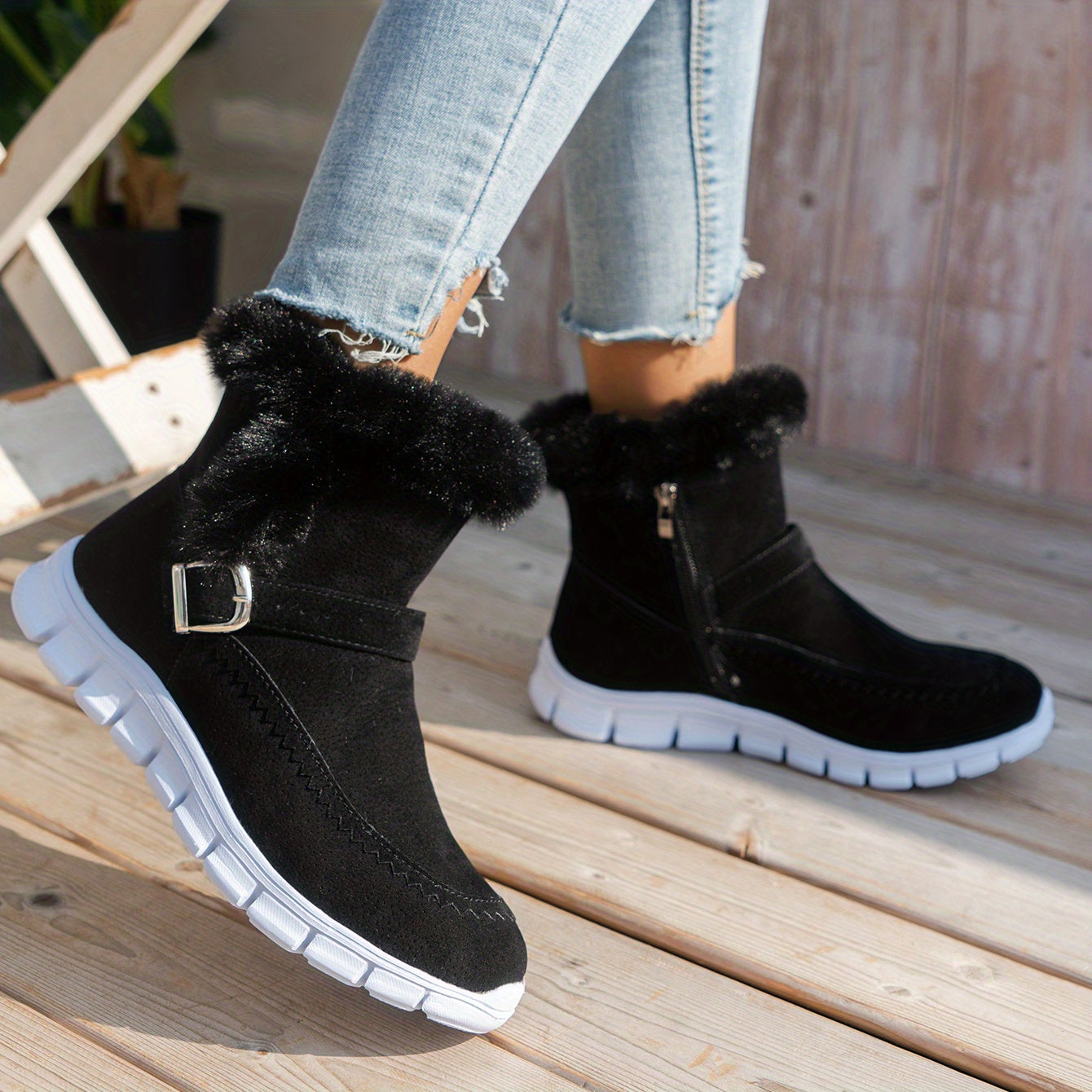 Women's Faux Fur-Lined Winter Snow Boots Thick Sole Gray Fabric