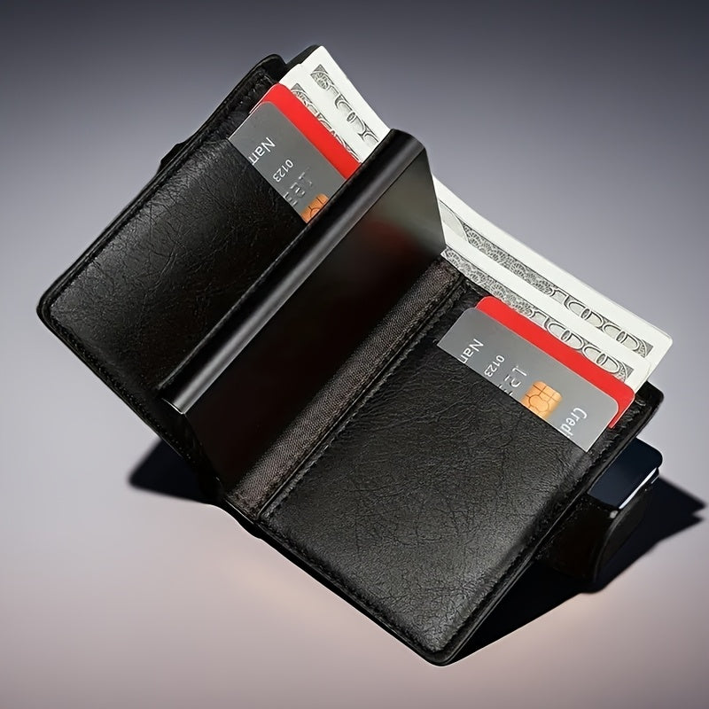 Billetera bifold de cuero sintético para hombres con tarjetero emergente automático, tarjetero delgado, regalo para hombres